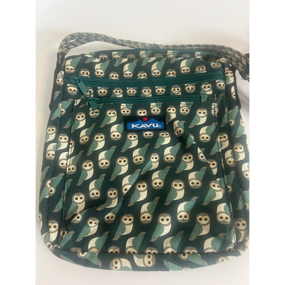 Kavu Keeper Crossbody Bag Green Owl Print Cotton Canvas Rope Strap Messenger